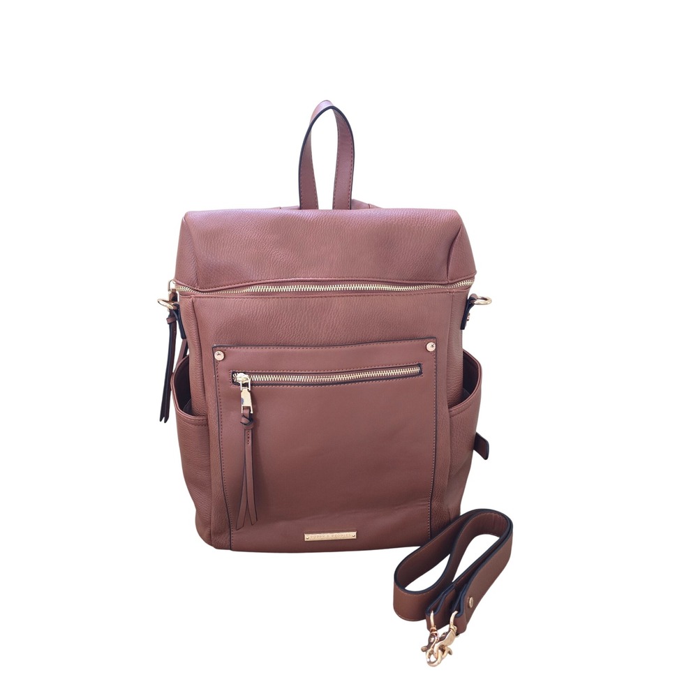 Poppy & Peonies Commuter Backpack Cognac Brown Vegan Leather Laptop Travel Work